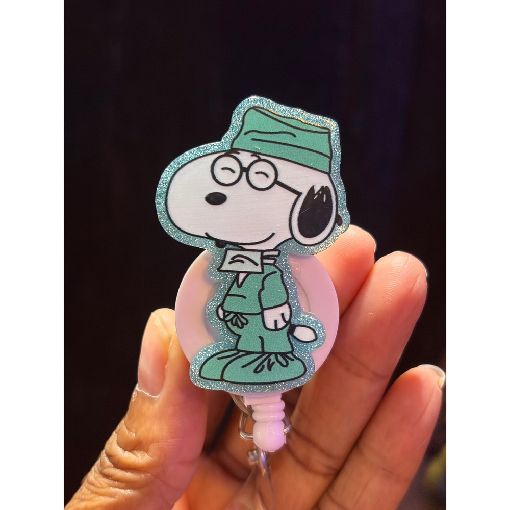 Snoopy Surgeon Retractable Badge Reel Nurse ID Holder Peanuts Scrub Life Teal